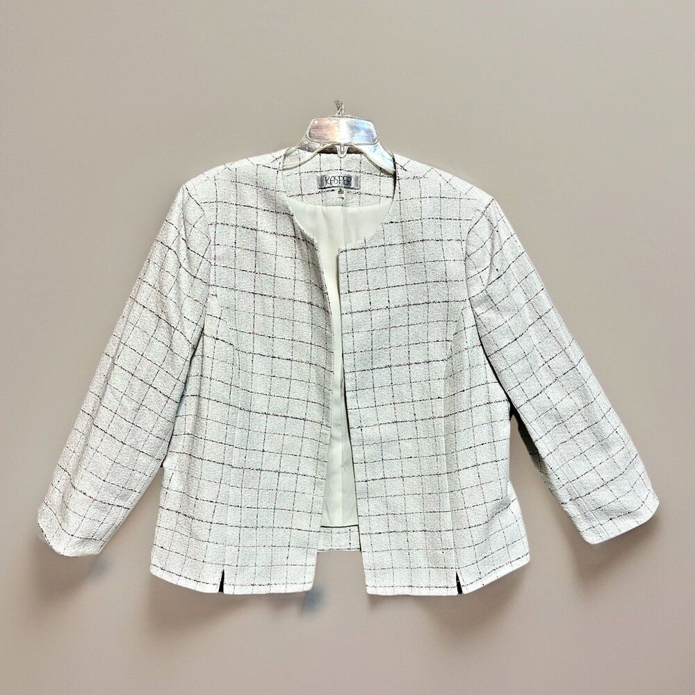 Kasper White Windowpane Blazer Metallic Womens XL Open Front Oyster Tweed Modern